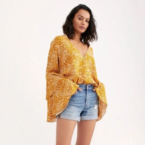 Free People Gold and White Ditsy Floral Bodysuit with Bell Layered Sleeve NWOT S